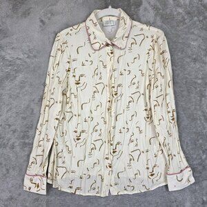 Progetto Quid Shirt Womens 40 Small Cream Face Print Button Up Long Sleeve Italy